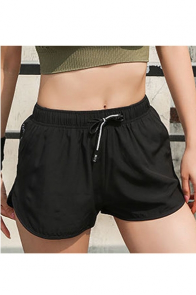 Chic Black Tied Waist Quick Drying Fake Two Piece Casual Loose Track Shorts