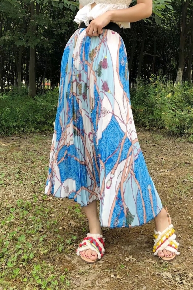 Chic High Waist Tribal Print Midi Pleated Vacation Skirt