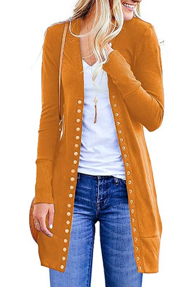 Classic Solid Color Single Breasted Long Sleeve Longline Open Front Coat