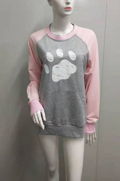 Color Block Bear Claw Print Long Sleeve Leisure Pullover Sweatshirt With Pocket