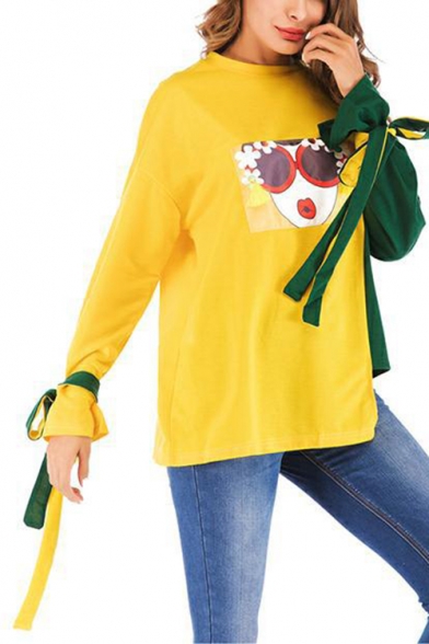 Contrast Bow Tie Long Sleeve Color Block Print Round Neck Long Sleeve Loose Relaxed Sweatshirt