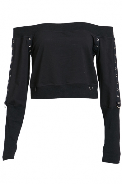 Cool Black Boat Neck Metal Rings Long Sleeves Plain Off Shoulder Cropped Sweatshirt