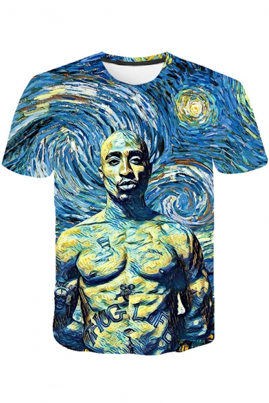 Cool Galaxy Muscle Figure Oil Painting Round Neck Short Sleeve Blue T-Shirt