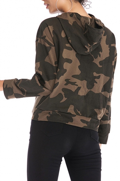 Cool Unique Long Sleeve Colorblock Patch Knotted Front Green Camo Hoodie