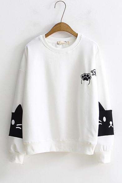 Cute Cat Embroidered Round Neck Long Sleeve Sweatshirt