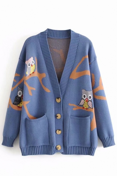 Cute Owls Print V-Neck Long Sleeve Loose Knitwear Cardigan for Women