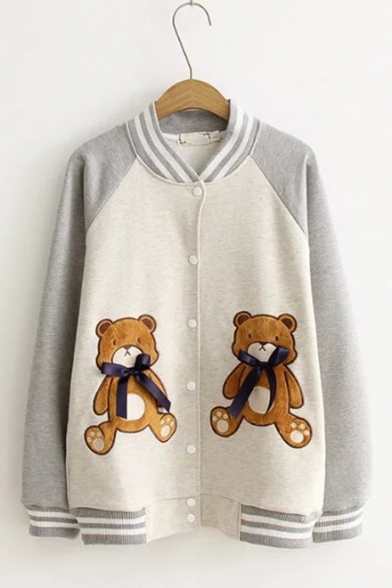 Cute Teddy Bear Embroidery with Bow Colorblocked Stand Collar Button Placket Baseball Jacket