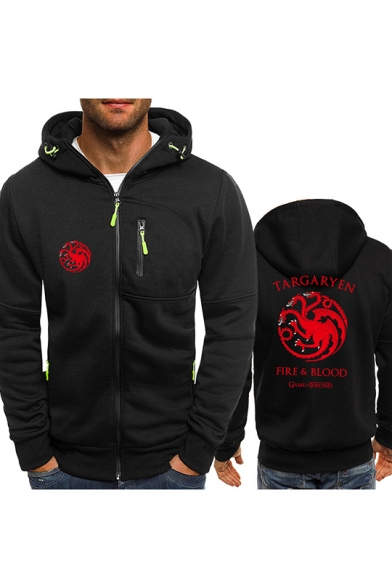 Fire and Blood Dragon Logo Printed Long Sleeve Zip Up Fitted Hoodie