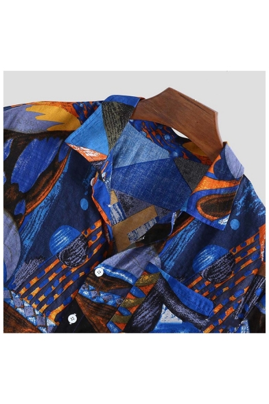 Guys Summer New Trendy Tribal Pattern Blue Casual Lapel Collar Short Sleeve Cotton Shirt