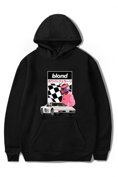 Hot Fashion BLOND Letter Car Checkerboard Figure Printed Long Sleeve Casual Sports Pullover Hoodie