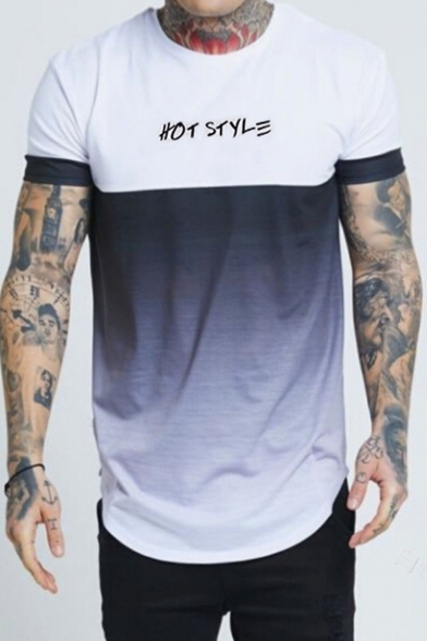 Hot Fashion Letter HOT STYLE Ombre Print Colorblock Round Neck Short Sleeve Casual T-Shirt