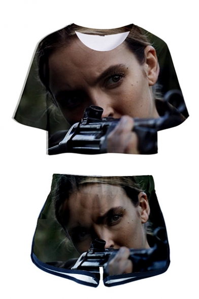 Hot Popular 3D Film Figure Pattern Short Sleeve Crop Tee with Casual Dolphin Shorts Two-Piece Set