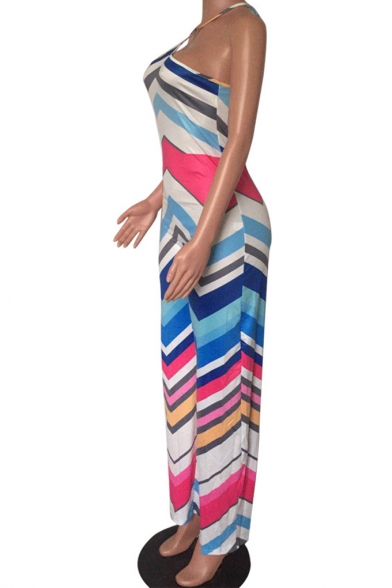 Hot Popular Halter Neck Sleeveless Wave Striped Casual Loose Jumpsuits