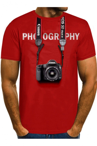 Hot Stylish Mens Red Short Sleeve Round Neck Letter Camera Printed Vintage Pullover Tee