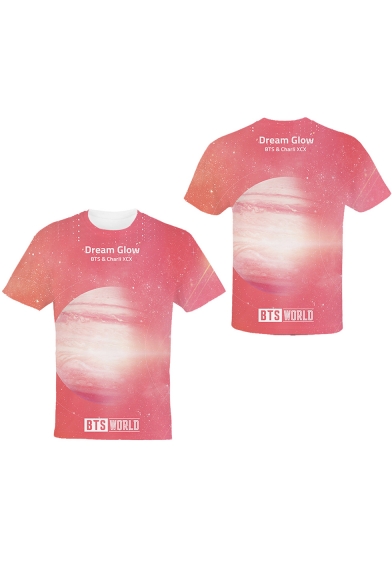 Kpop Popular Letter DREAM GLOW Planet Printed Pink Short Sleeve Round Neck T-Shirt