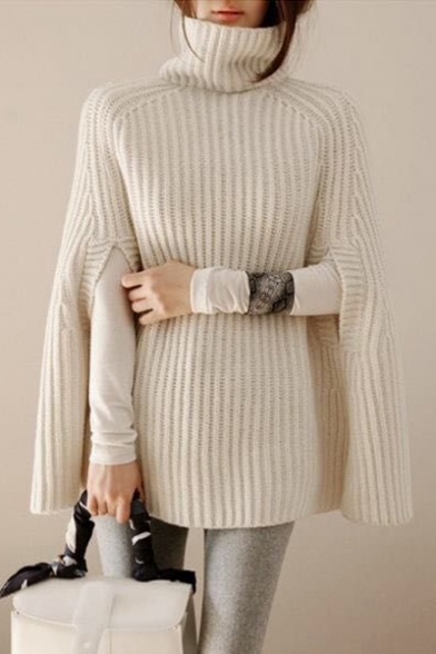 Ladies Simple Plain Roll Neck Ribbed Knit Cape Sweater
