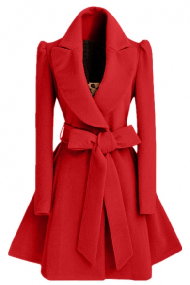 Lady Elegant Notched Lapel Gathered Tie-Waist Solid Color Wool Trench Coat