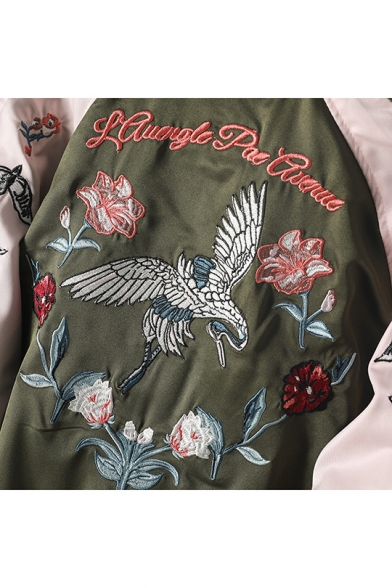 Leisure Girls Embroidery Bird and Flowers Printed Color-Block Zipper Green Baseball Jacket