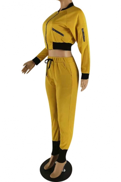 Long Sleeve Zip Front Cropped Coat with Drawstring Waist Pants Patch Yellow Two Piece Set
