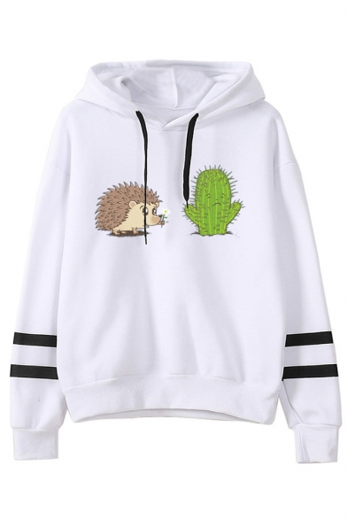 Lovely Hedgehog Cactus Printed Stripe Long Sleeve Loose Casual White Hoodie