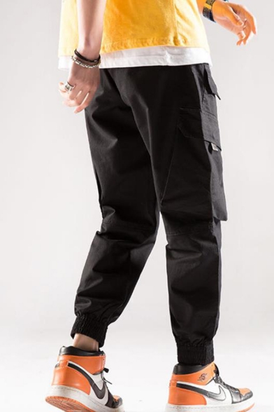 Men's Basic Fashion Letter Label Patch Multi-pocket Elastic Cuffs Casual Trendy Cargo Pants