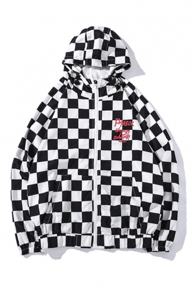 Men's Classic Plaid PAREOK Letter Printed Hooded Zip Up Hip Hop Loose Black And White Track Jacket