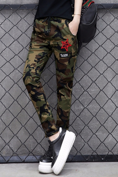 Men's Cool Fashion Letter Star Embroidery Camouflage Printed Drawstring Waist Casual Slim Pencil Pants