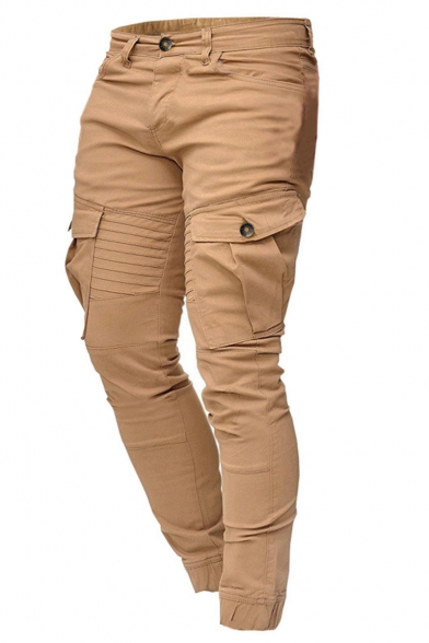 Men's Hot Fashion Pleated Patched Flap Pocket Side Simple Plain Casual Slim Cargo Pants