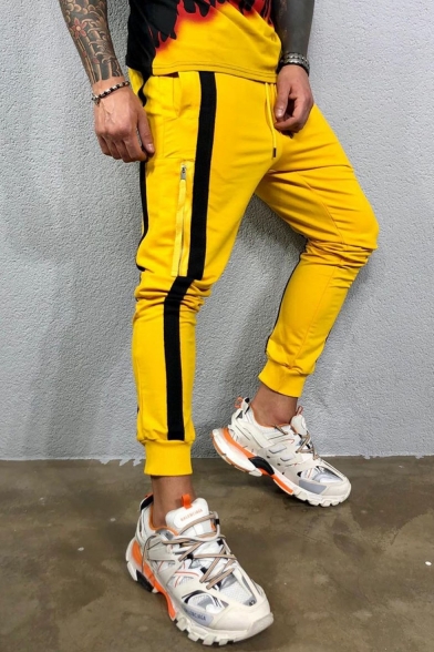 Men's New Fashion Colorblock Tape Side Ribbon Zip Embellished Casual Slim Sports Pencil Pants