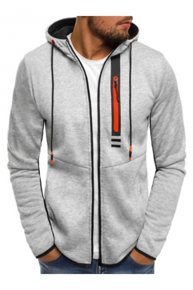 zip up contrast color drawstring hoodie