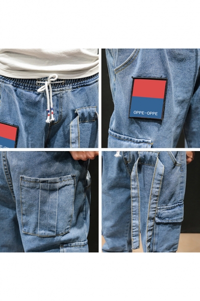 Men's New Fashion Letter Patchwork Ribbon Embellished Drawstring Waist Loose Tapered Jeans with Side Pocket