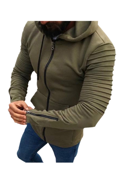 Men's New Fashion Simple Plain Pleated Detail Zip Cuffs Long Sleeve Hooded Zip Up Hoodie