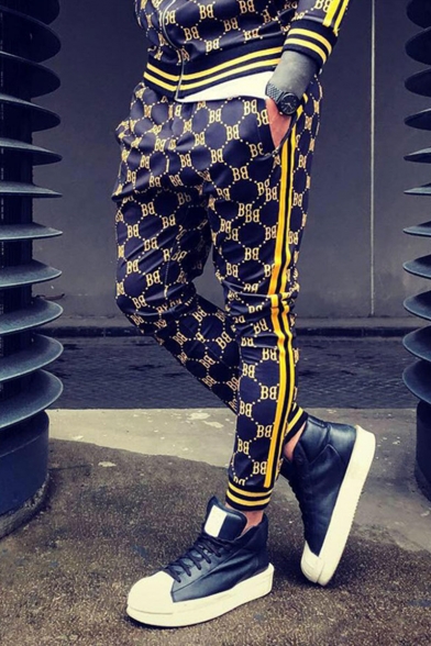 Men's Popular Fashion Contrast Stripe Side Letter B All-over Printed Casual Slim Jogging Pencil Pants