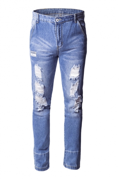 Men's Popular Fashion Cool Distressed Stretched Slim Fit Light Wash Ripped Jeans