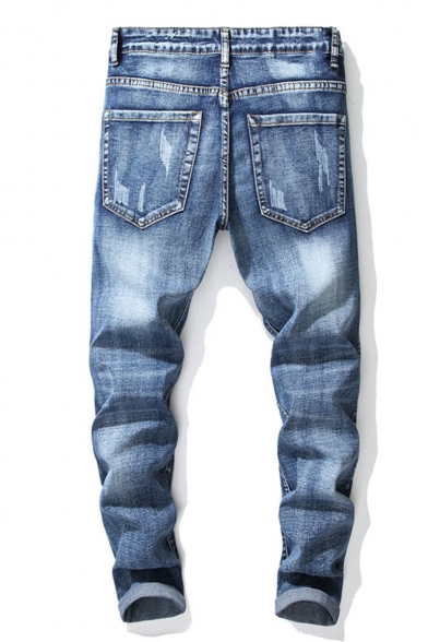 Men's Popular Fashion Graphic Embroidered Blue Distressed Ripped Washing Jeans