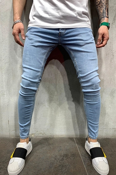 Men's Popular Fashion Solid Color Light Blue Skinny Ripped Jeans