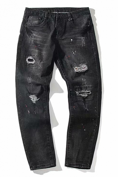 black ripped jeans men's slim straight