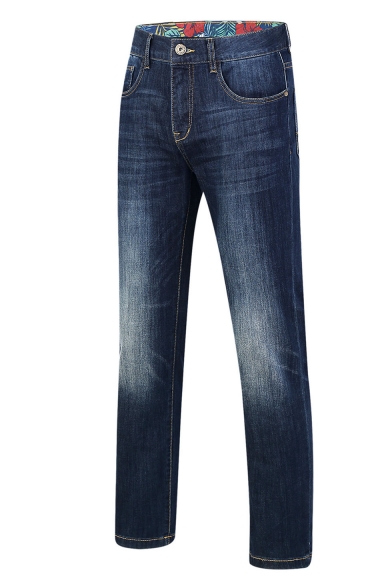 Mens Basic Fashion Simple Plain Regular Fit Dark Blue Washed Straight Jeans