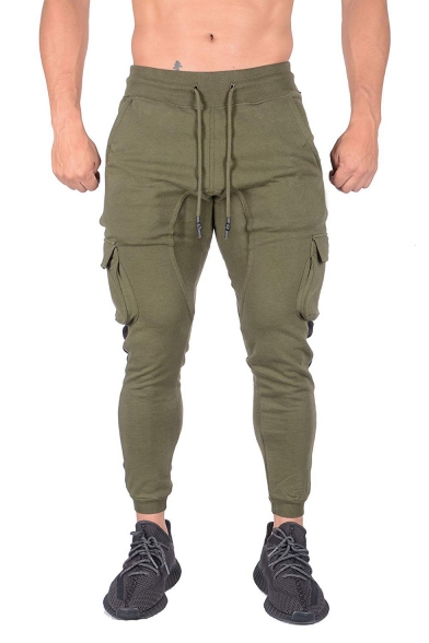 Mens Hot Fashion Colorblock Patched Side Drawstring Waist Sports Fitness Pencil Pants with Side Pocket