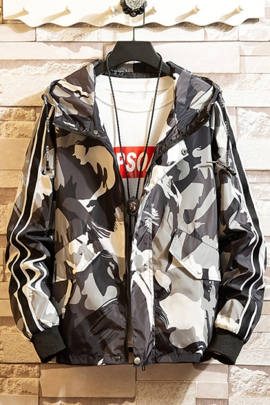 Mens Hot Popular Fashion Camo Printed Long Sleeve Hooded Zip Up Plus Size Jacket