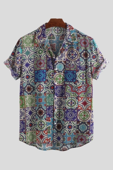 Mens Hot Stylish Ethnic Short Sleeve Button Down Tribal Printed Casual Shirt