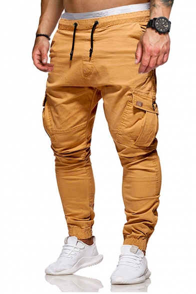 Mens New Fashion Solid Color Drawstring Waist Casual Slim Cargo Pants with Side Pocket