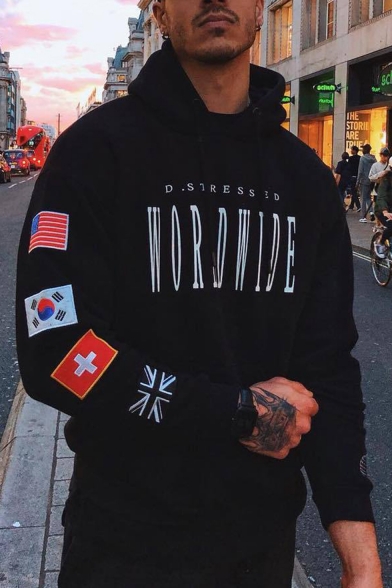 Mens New Stylish Flag Letter Printed Long Sleeve Black Casual Loose Sports Pullover Hoodie