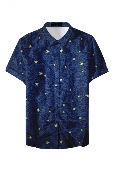 Mens New Trendy Cool Ocean Pattern Basic Short Sleeve Button Up Beach Casual Shirt