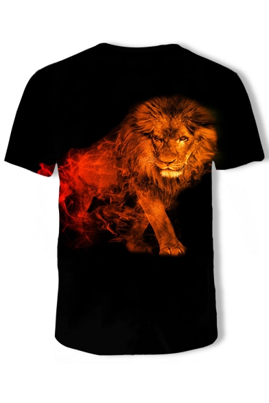 Mens New Trendy Short Sleeve Round Neck Lion Fire Printed Black T-Shirt