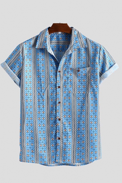 Mens Summer Trendy Geometric Printed Short Sleeve Lapel Collar Loose Shirt