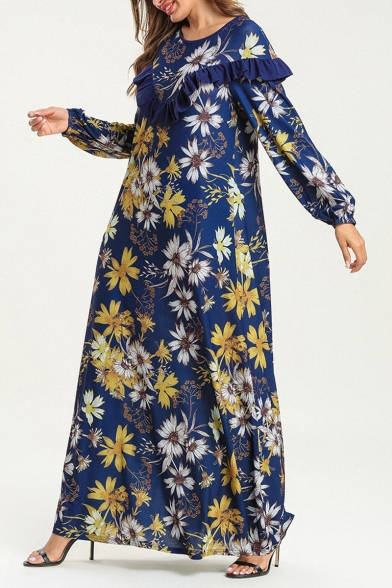 Moslem Simple Round Neck Long Sleeve Ruffles Floral Print Blue Loose Swing Column Maxi Dress