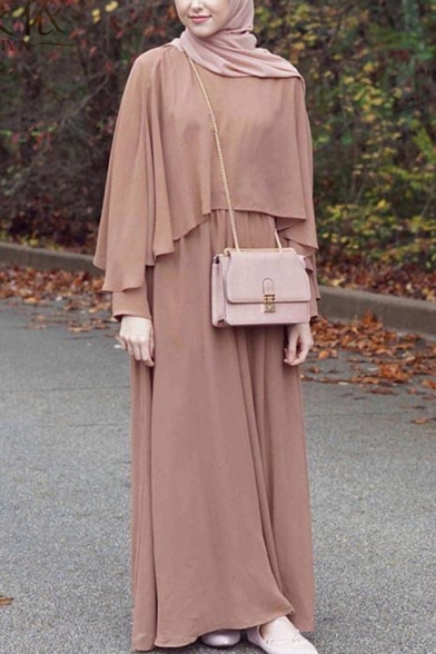 Muslim Round Neck Long Sleeve Plain A-Line Poncho Dress