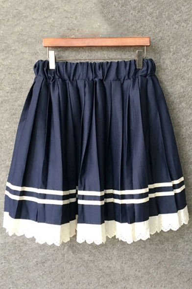 Navy Elastic Waist Striped Print Patch Lace Hem Mini Pleated Skirt