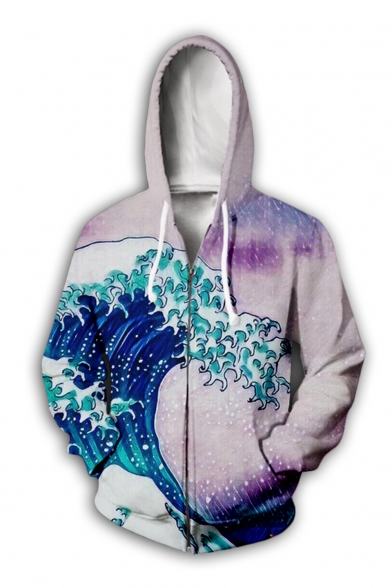 New Arrival Creative Fashion Wave Figure 3D Printed Long Sleeve Drawstring Zip Up Hoodie